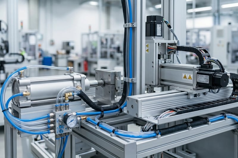 Confronto tra cilindro pneumatico e asse elettrico su banco industriale — guida alla scelta per costruttori di macchine OEM